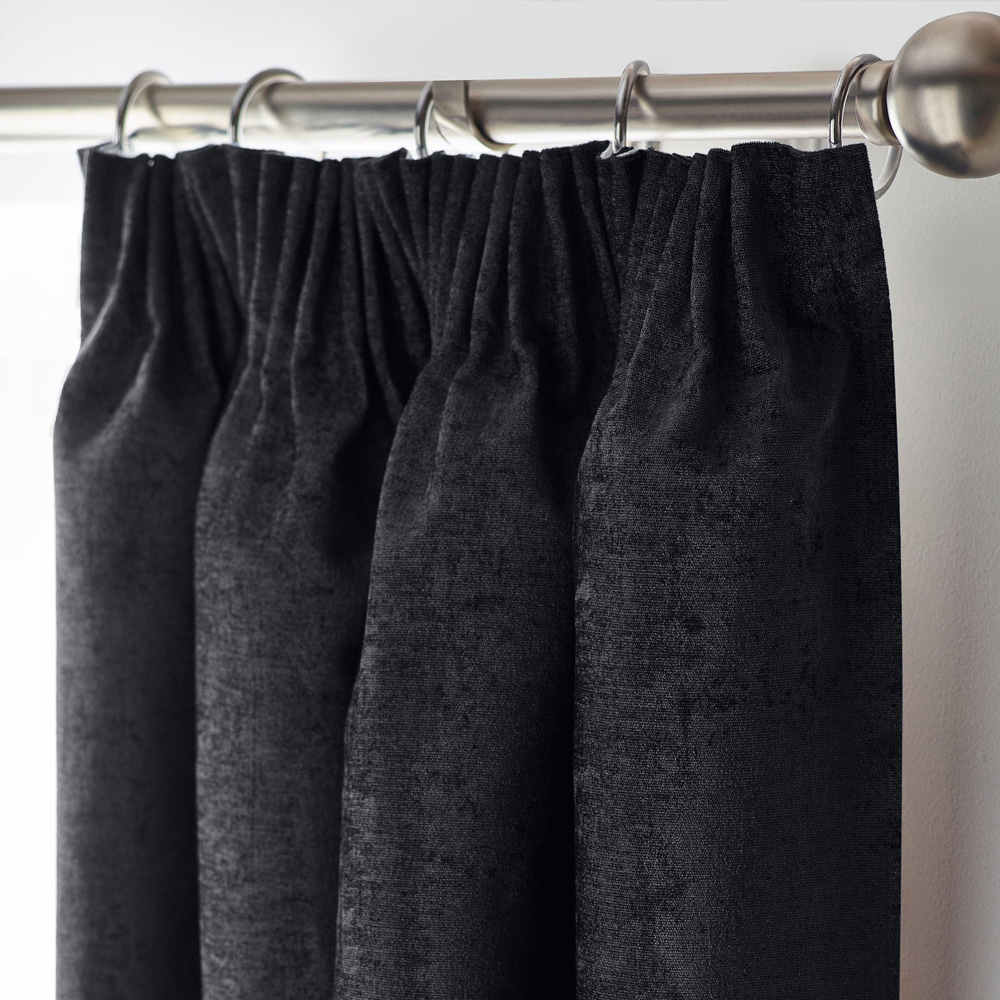 Alan Symonds Black Chenille Blackout Pencil Pleat Curtains 117cm x 137cm Image 2