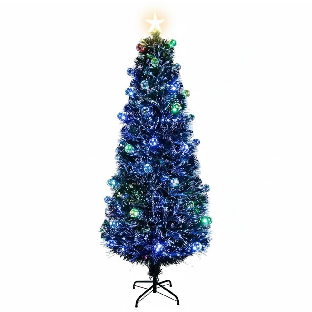 The Christmas Centre Multicolour LED Green Fibre Optic Artificial Xmas Tree with Baubles 6ft Image 1