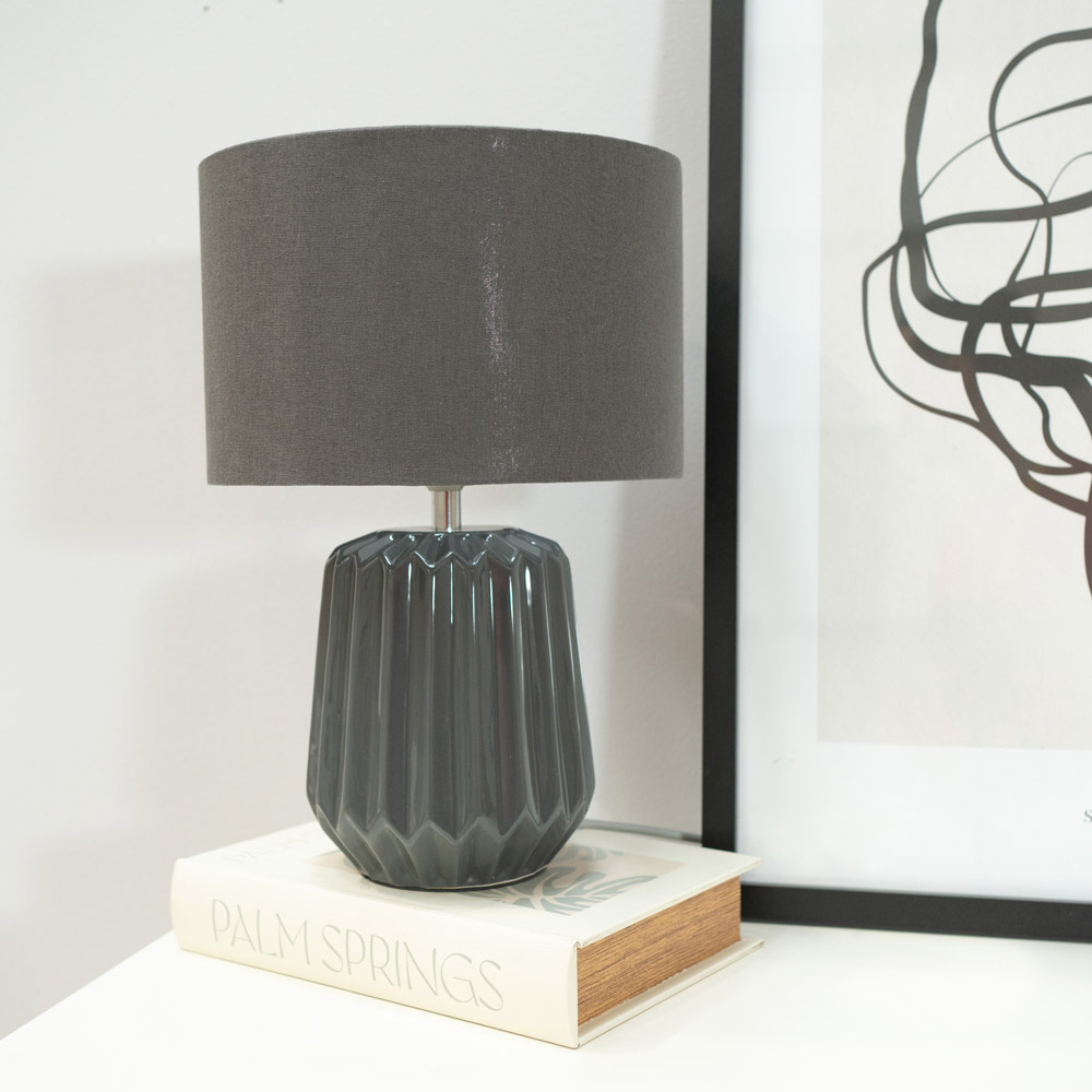 ValueLights Zak Fabric Lamp Shade Charcoal Grey Pleated Textured Ceramic LED Table Lamp Image 3