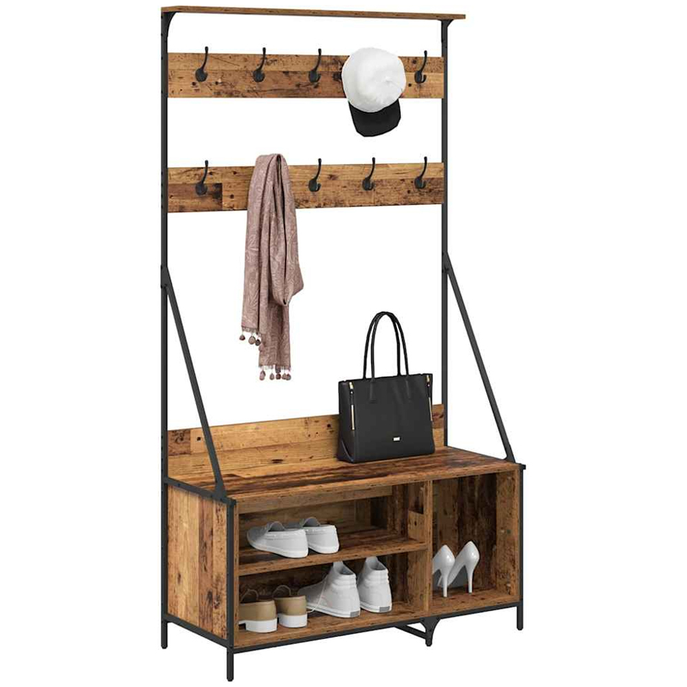 vidaXL 2 Shelf Old Wood Clothes Rack with Hanging Hooks Image 3