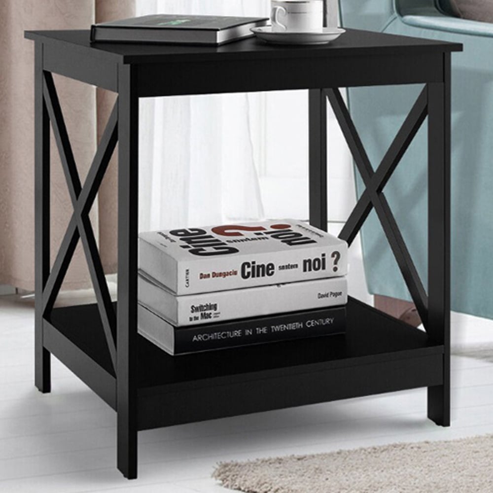 Costway Single Shelf Black Wooden X-Shaped Bedside Table Image 1