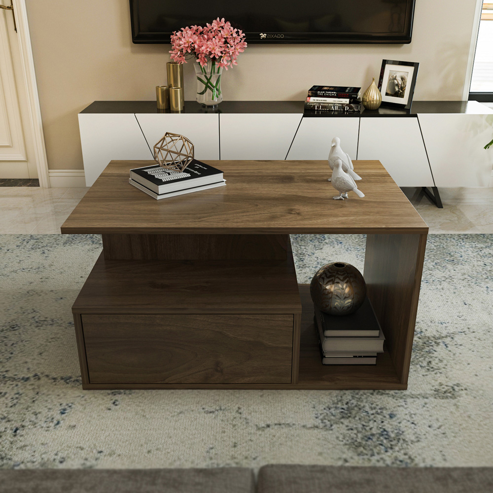 Decorotika Mana Walnut Coffee Table with Shelf and Cabinet Image 7