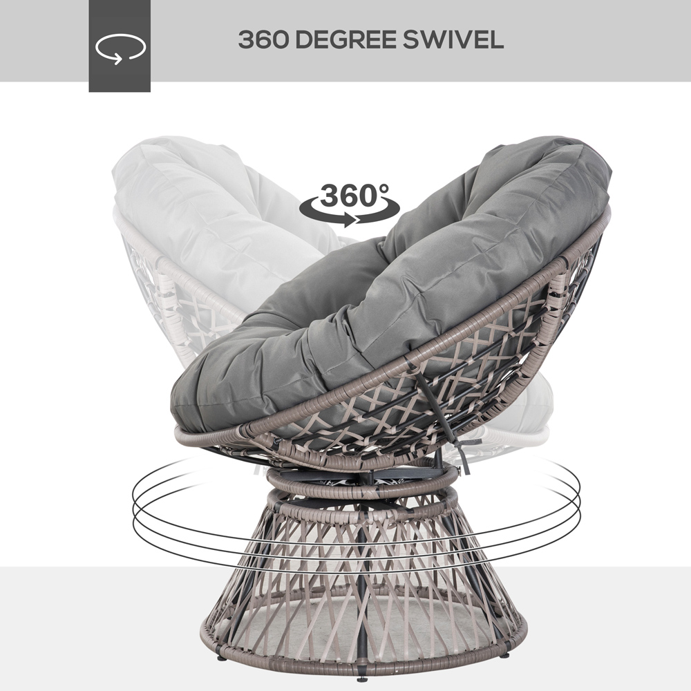 Outsunny Grey 360° Swivel Rattan Chair with Padded Cushion Image 4