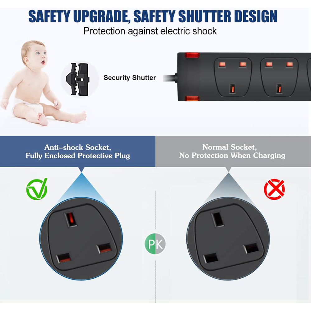 ExtraStar 13A 5m 4 Socket Child Resistant Black Extension Lead with Indicate Light Image 3