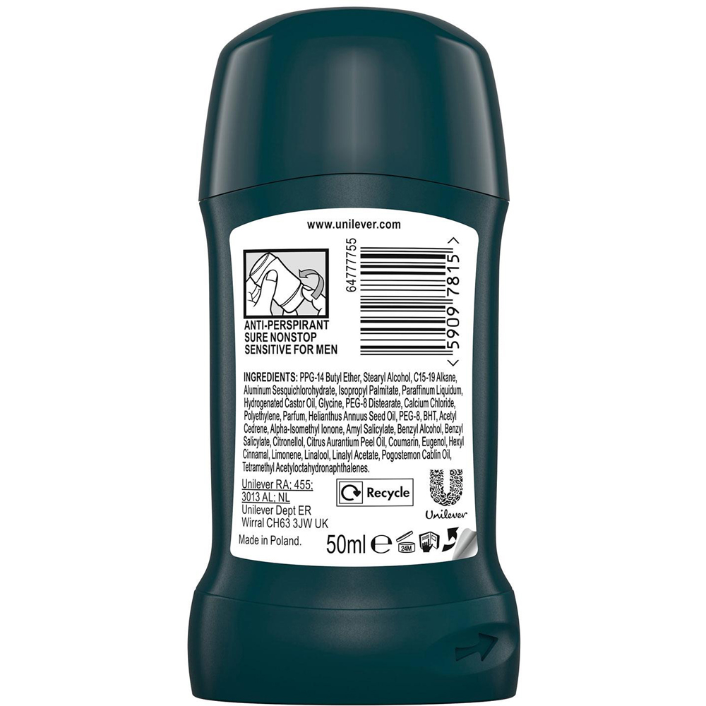 Sure Men Sensitive 72H Nonstop Protection Anti-Perspirant Deodorant Stick 50ml 18 Pack Image 3