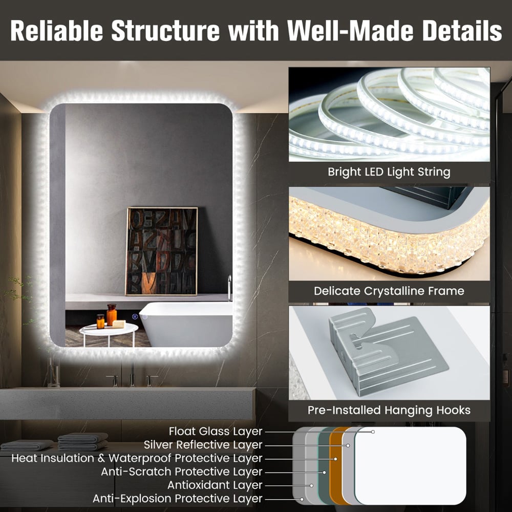 Costway Adjustable LED Wall Mirror with Demister Pad 80 x 60cm Image 8