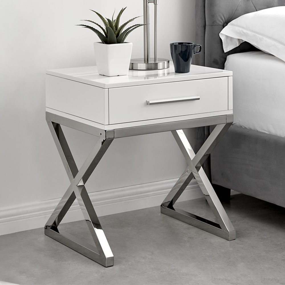 Furniturebox Witney Single Drawer White and Chrome Bedside Table Image 1