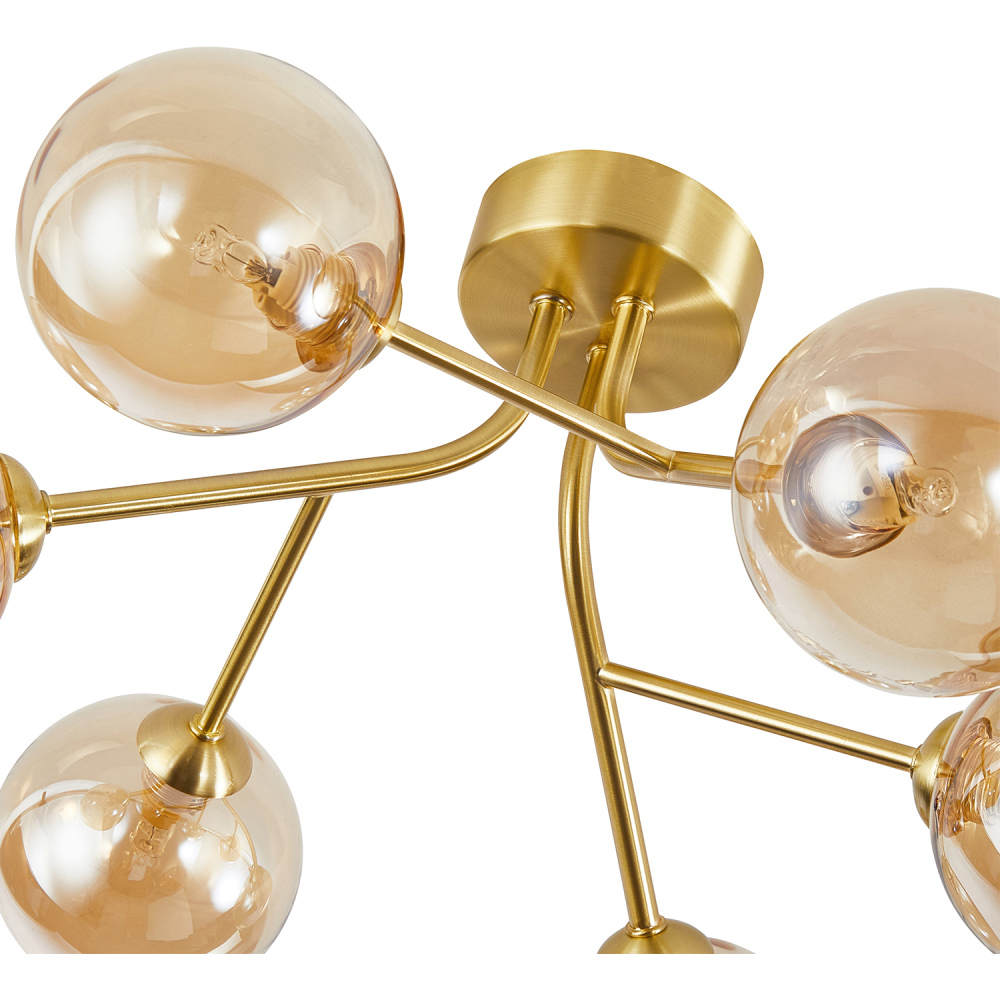 Happy Homewares 6 Arm Satin Gold Ceiling Light Fixture with Amber Tinted Glass Shade Image 6