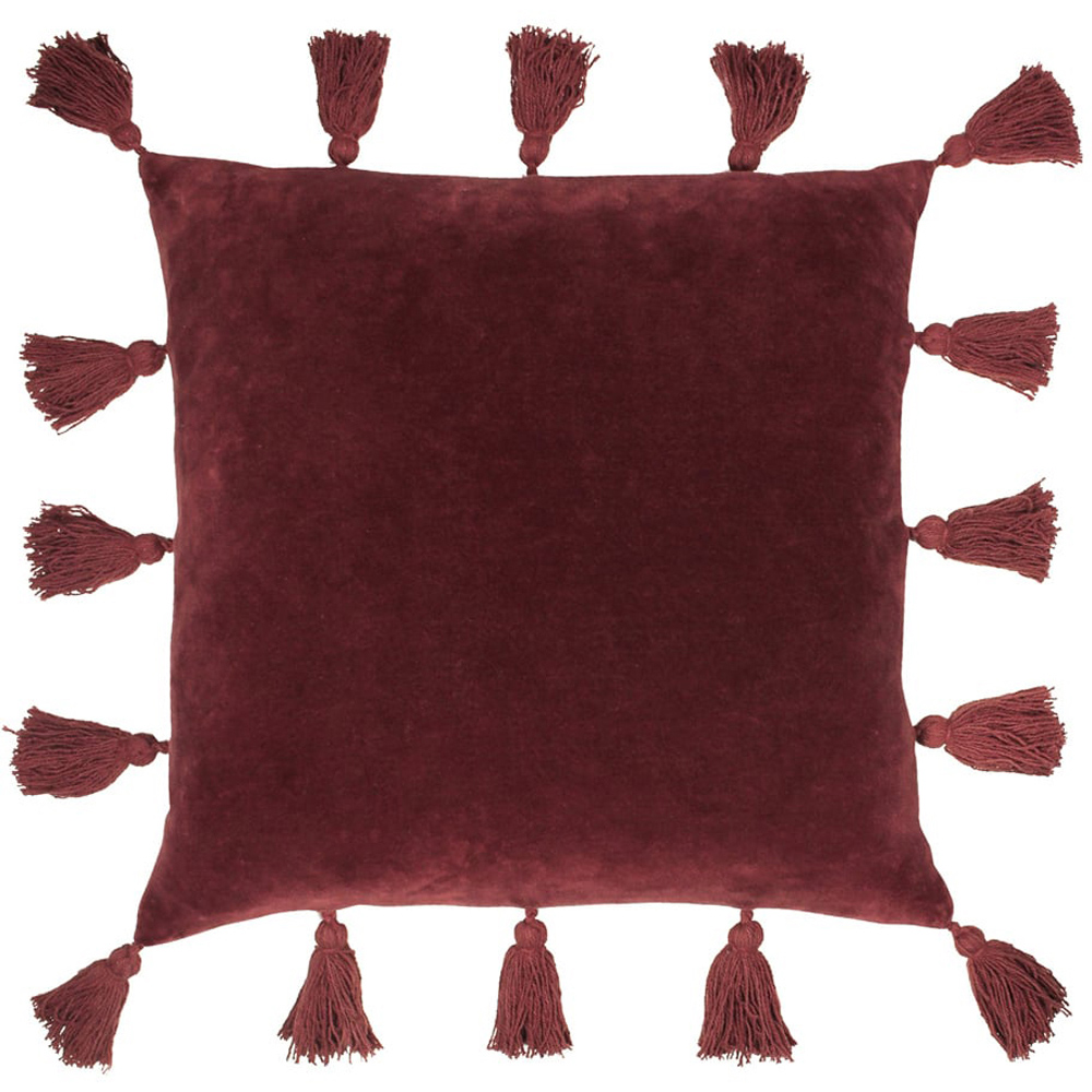 furn. Medina Velvet Tasselled Cushion Berry Image 1