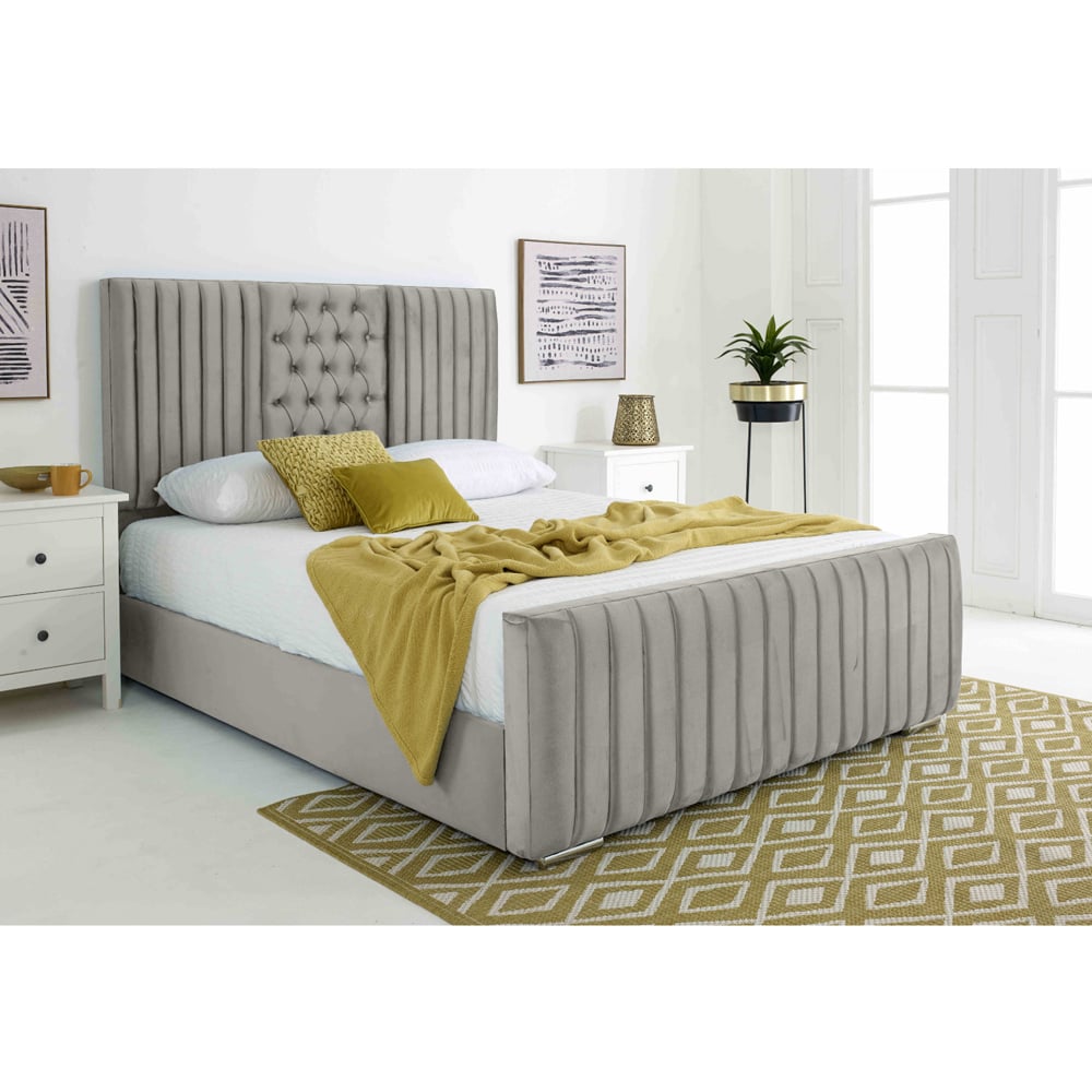 Eleganza Gracie Double Silver Plush Velvet Bed Frame with Lined Headboard Image 3