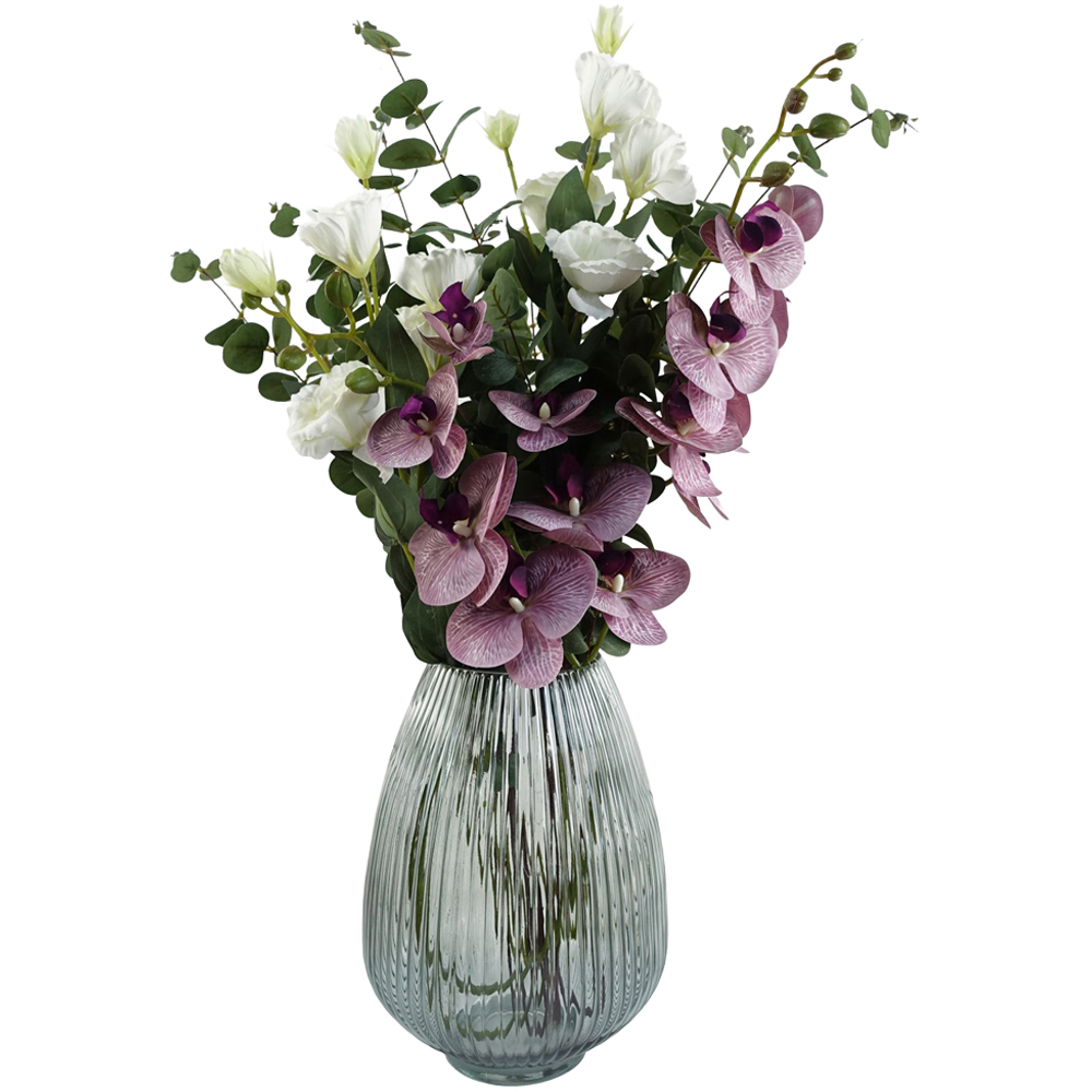 Leaf Orchids and Roses Artificial Flower Bundle Grey Glass Vase 70cm 11 Pack Image 1