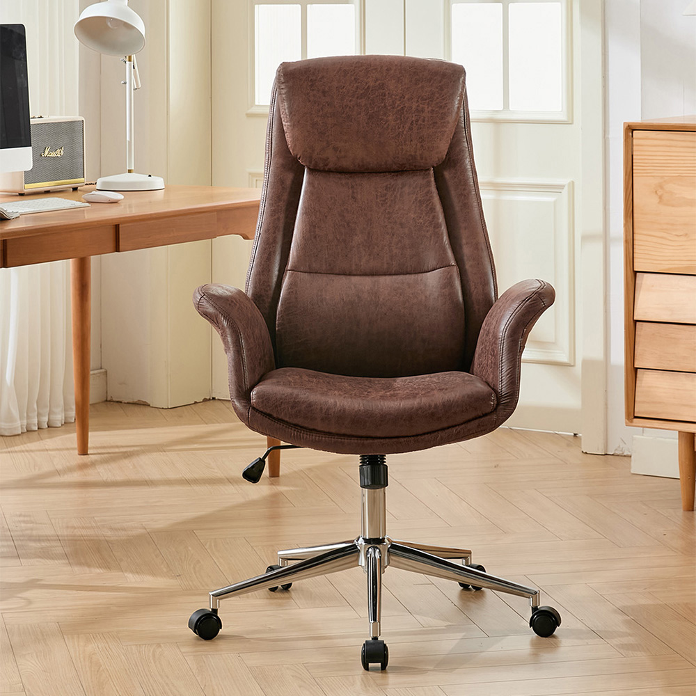Living and Home Brown PU Leather Height Adjustable High-Back Swivel Office Chair with Headrest Image 7