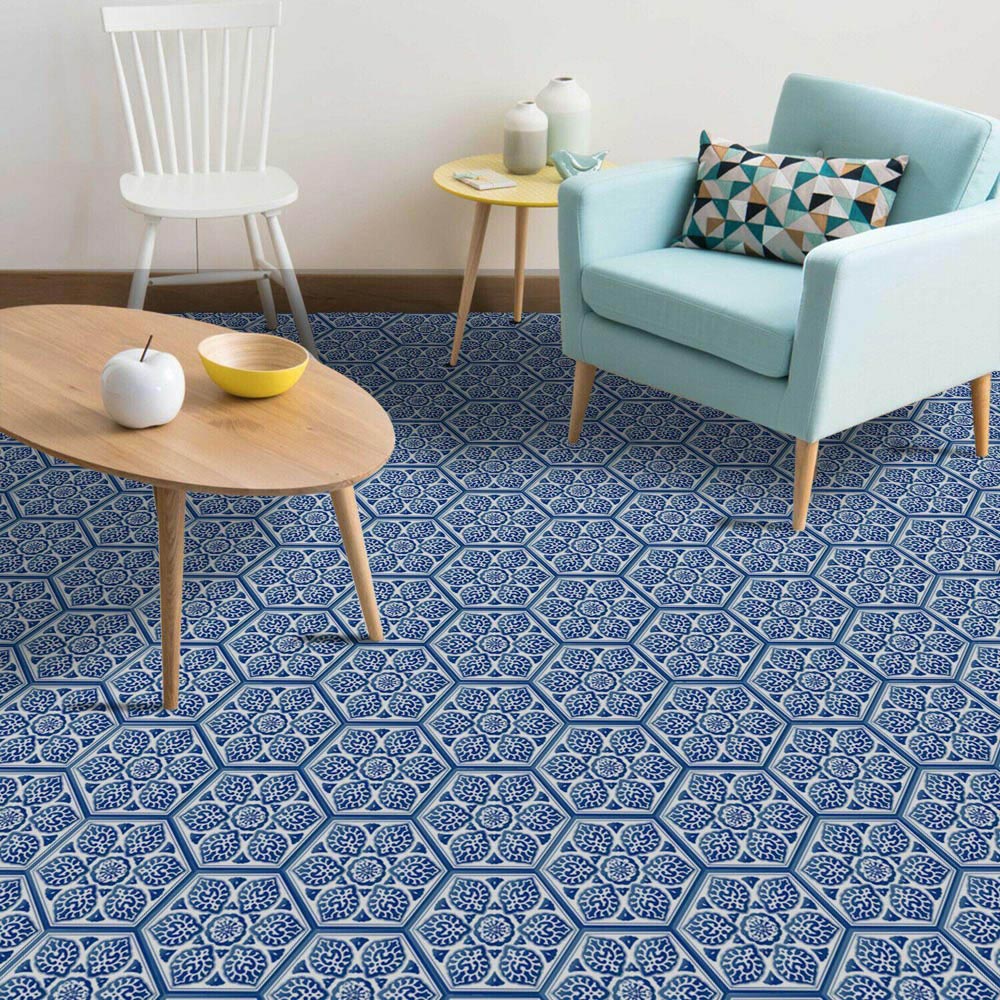 Walplus Porcelain Blue Hexagon Floor Tile Stickers 10 Pack Image 1