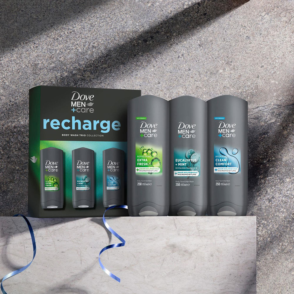Dove Men+Care Recharge Comfort Extra Fresh Eucalyptus Mint Scent Bodywash Trio Gift Set 250ml 2 Pack Image 2
