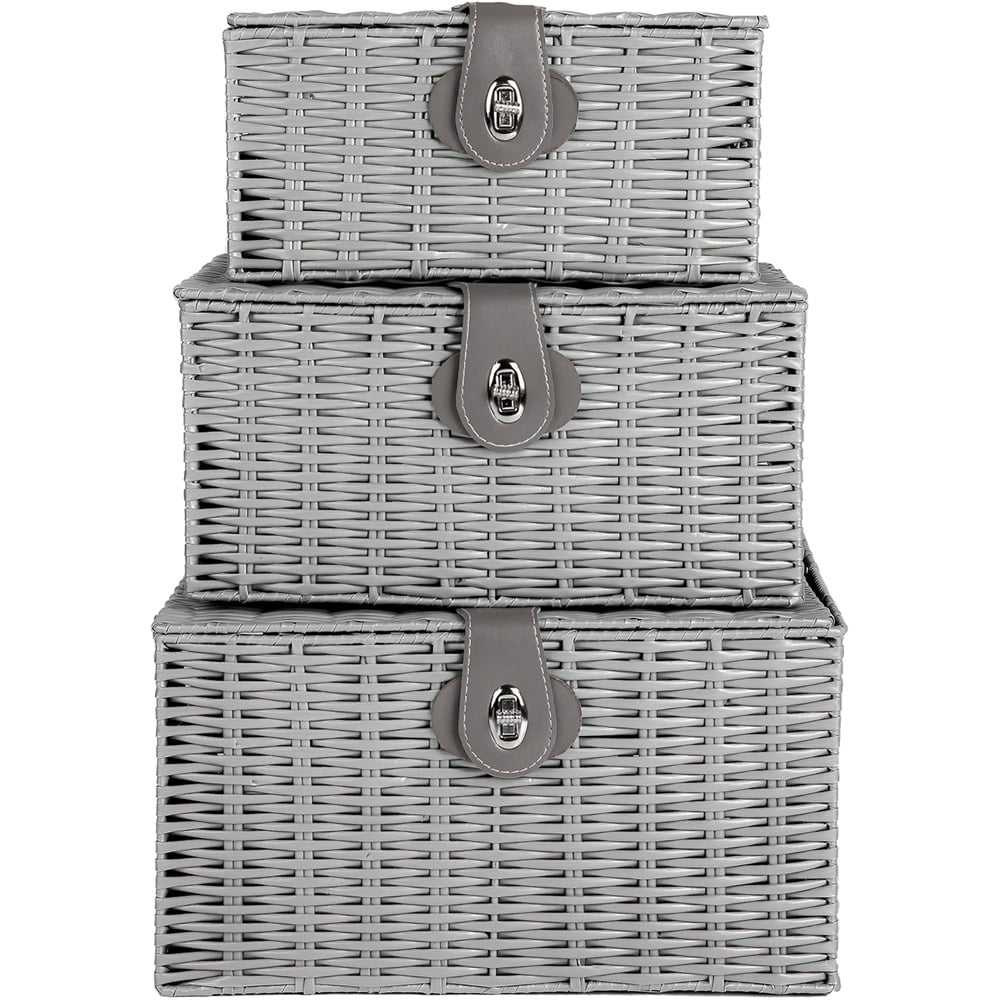 Innoteck Essentials Grey Wicker Woven Storage Basket with Lid 3 Pack Image 3