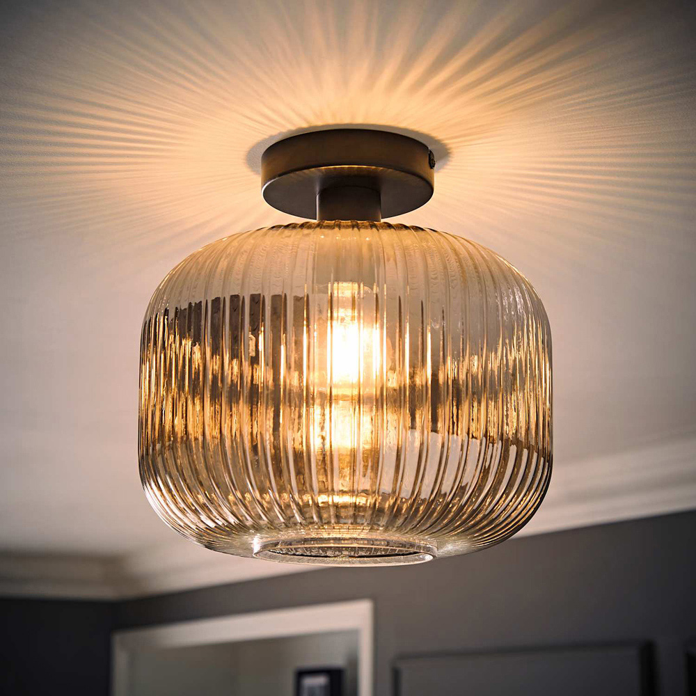 ValueLights Calpe Ribbed Smoked Glass Shade Matte Black Flush Ceiling Light with Bulb Image 2