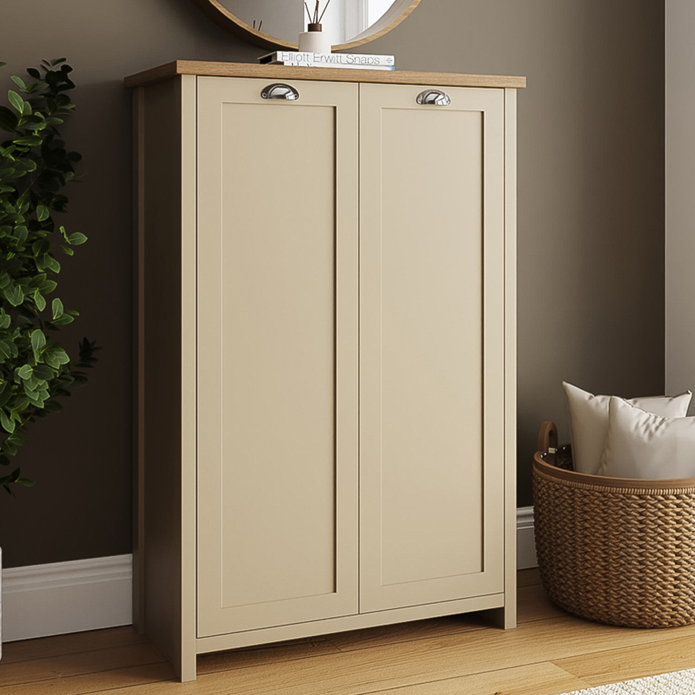 GFW Lancaster 2 Door Cream and Oak Tall Shoe Cabinet Image 1