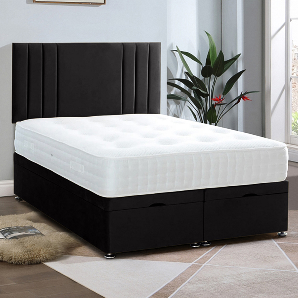Eleganza Home Slumberlyn Small Double Black Plush Divan Ottoman Bed with Lined Headboard Image 1