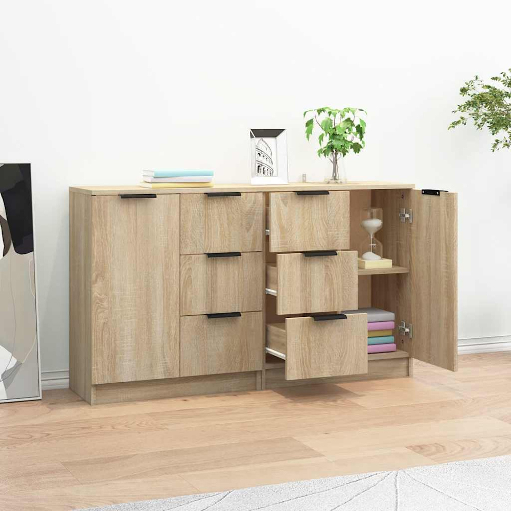 vidaXL Single Door 3 Drawer Sonoma Oak Sideboard Set of 2 Image 3