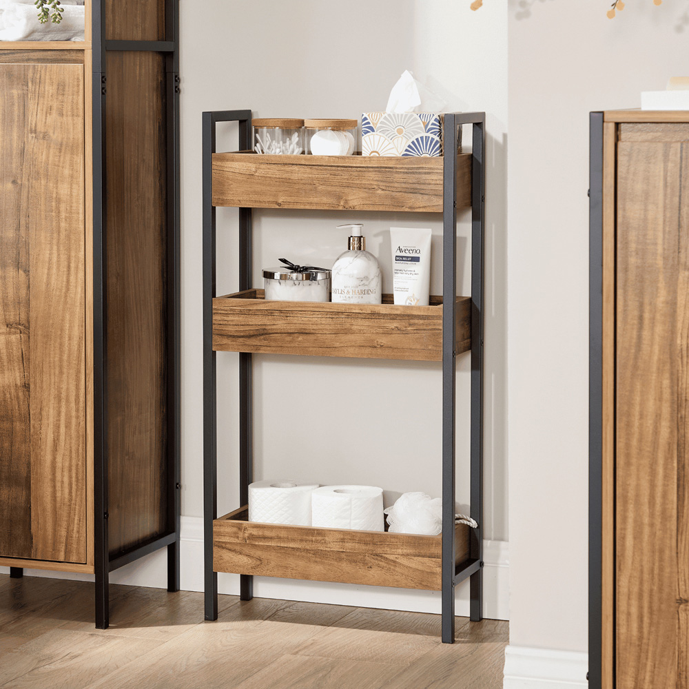 Home Source Locastra 3 Shelf Oak and Black Bathroom Storage Unit Image 5