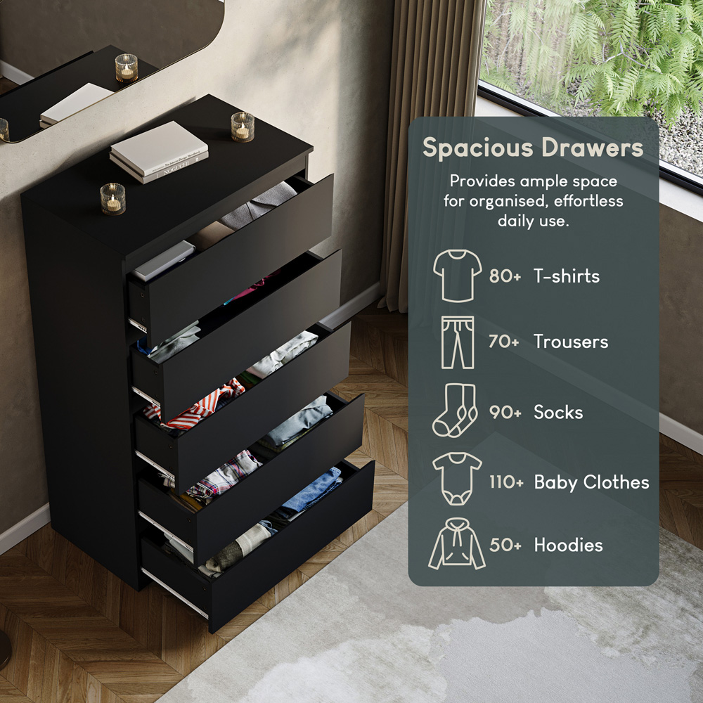 VIDA DESIGNS Denver 5 Drawer Black Chest of Drawers Image 6