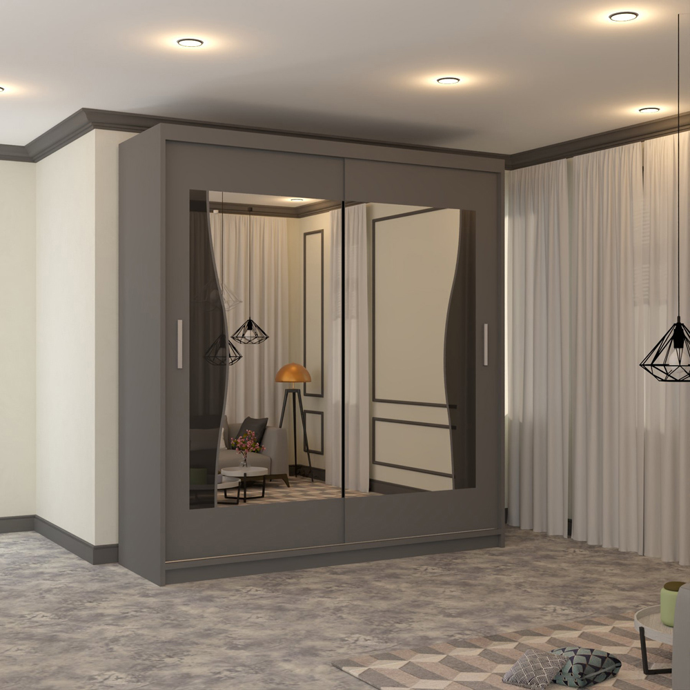 M N Furniture Banton 2 Door Grey Curved Mirrored Sliding Wardrobe 180cm Image 4