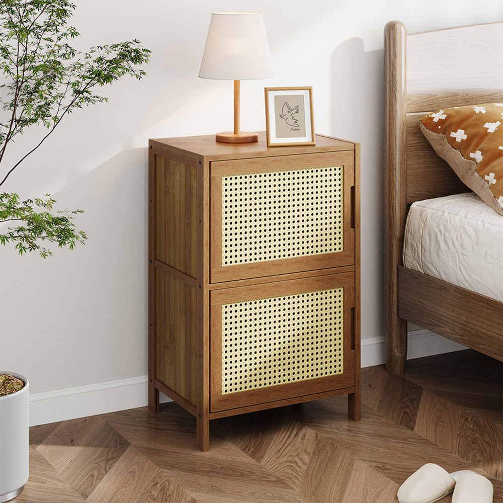Living and Home 2 Door Natural Wooden Rattan Bedside Table Image 8