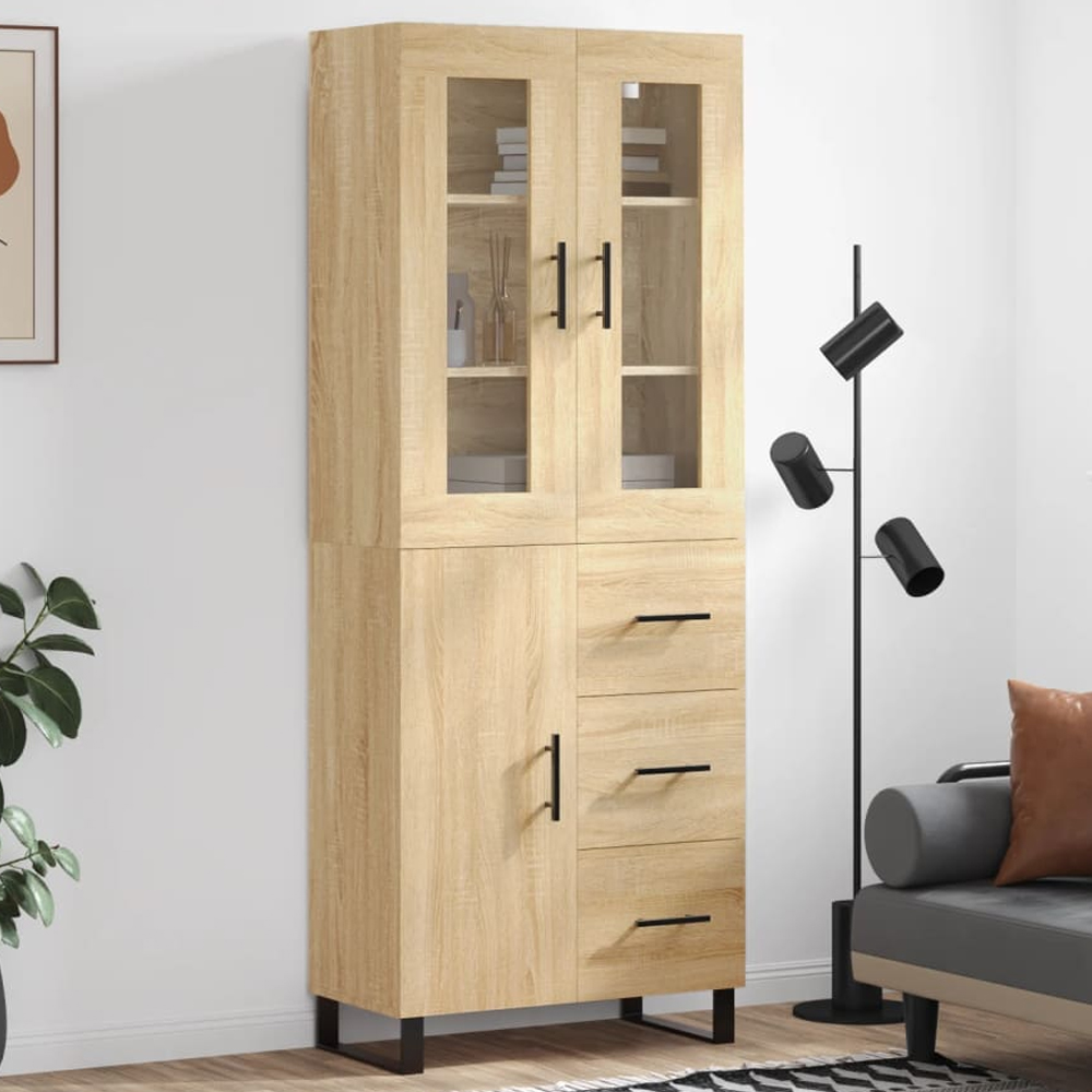 vidaXL 3 Door 3 Drawer Sonoma Oak Glass Highboard Image 1