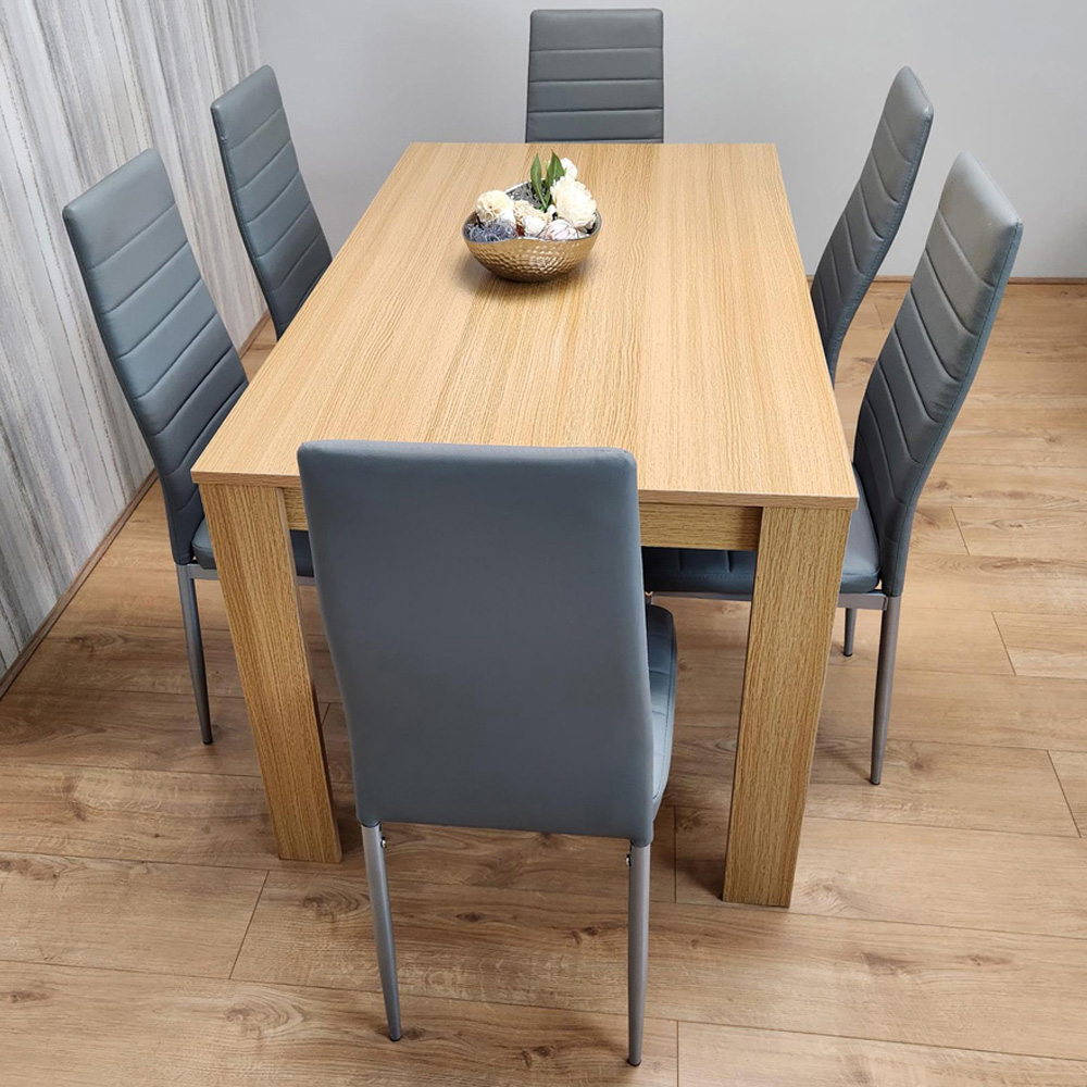 Portland 6 Seater Faux leather Dining Set Wooden Oak Effect and Grey Image 1
