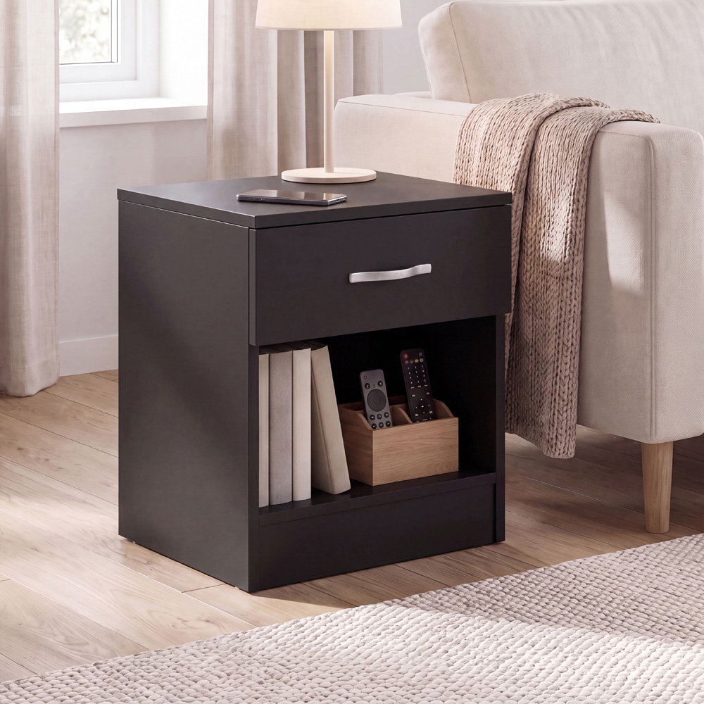 Vida Designs Riano Single Drawer Single Shelf Black Melamine Finish Bedside Table Set of 2 Image 4