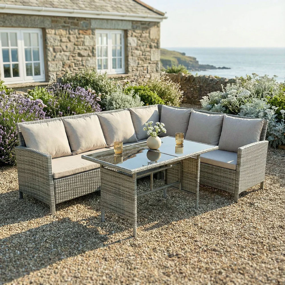 HGD Alia 6 Seater Grey Rattan Garden Corner Dining Sofa Set with Glass Table Image 8