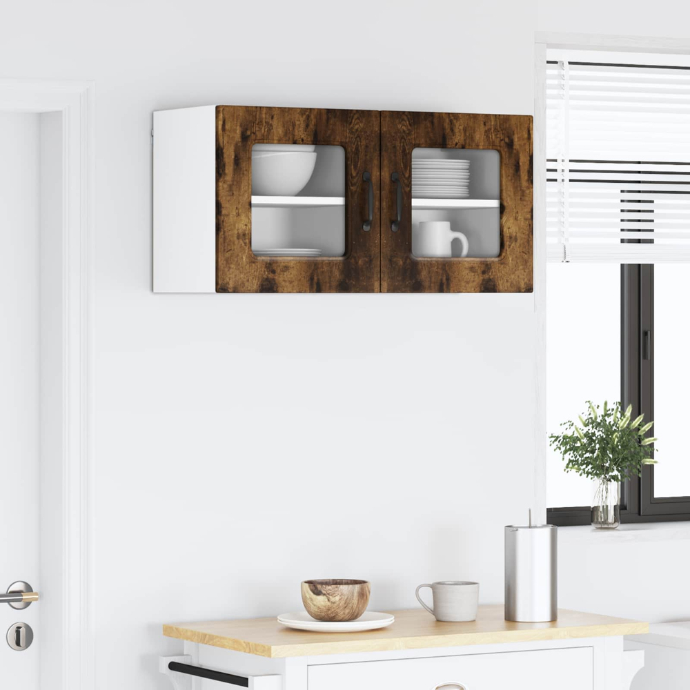 vidaXL Kalmar Single Glass Door Smoked Oak Wall Mounted Kitchen Cabinet Set of 2 Image 9