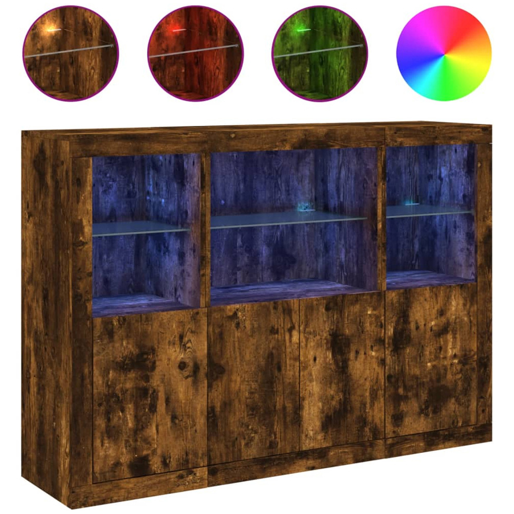 vidaXL 4 Door 6 Shelf Smoked Oak Wide Sideboard with LED Lights Image 2