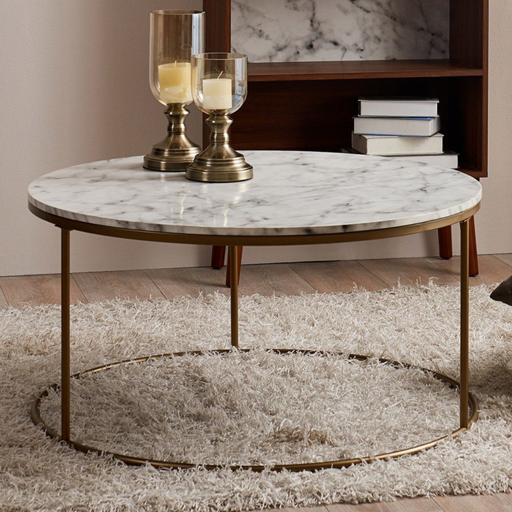 Teamson Home Marmo Faux Marble and Brass Modern Marble Look Round Coffee Table Image 1