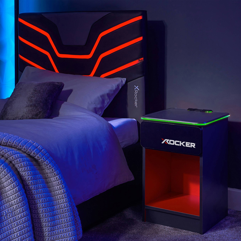 X Rocker Carbon-Tek Single Drawer Single Shelf Grey and Red LED Bedside Table with Charging Image 8