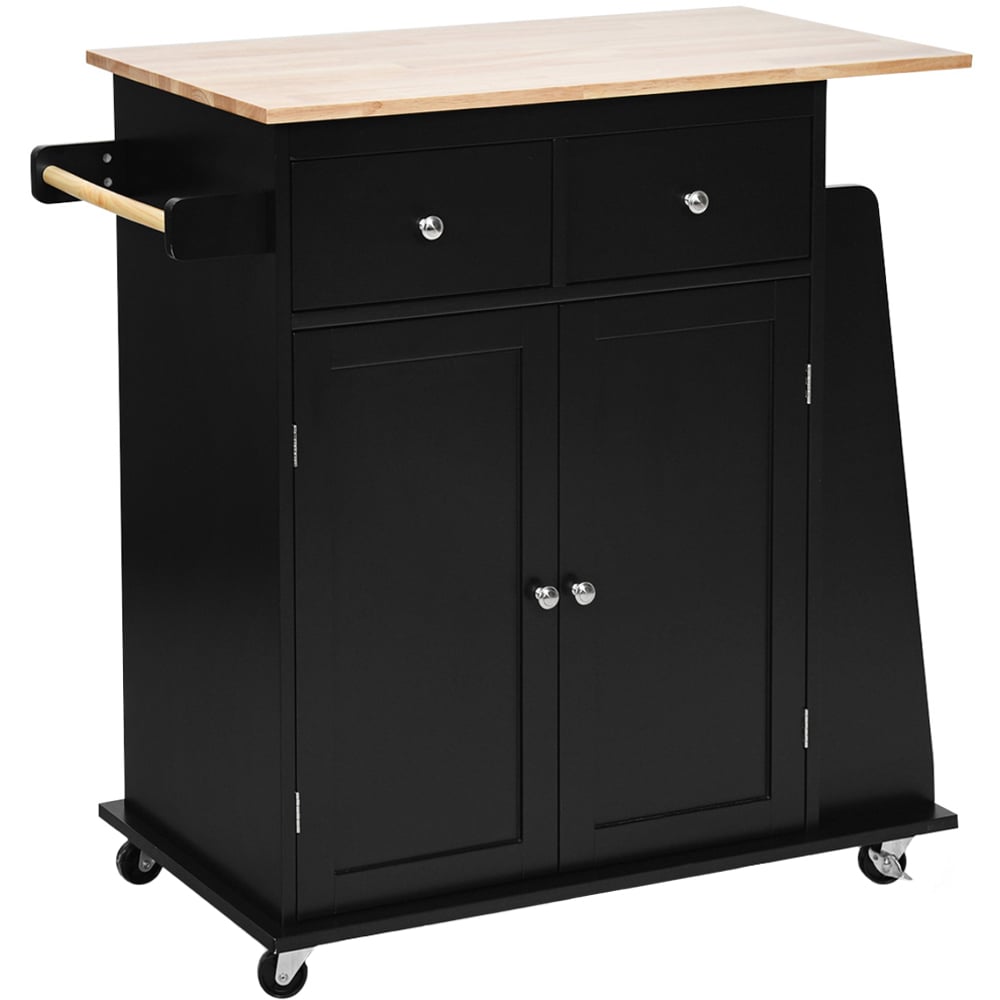Costway Black Kitchen Island with Rubber Wood Countertop and Storage on Wheels Image 1