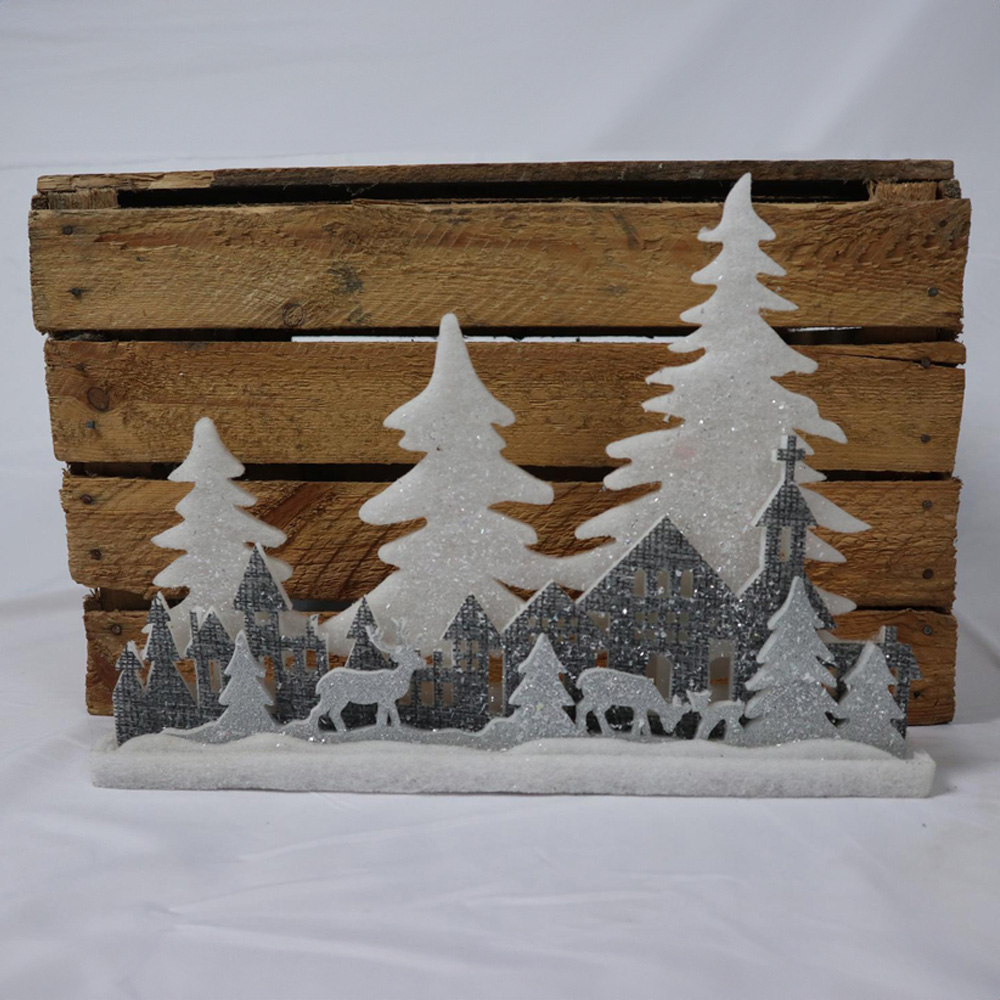 Shatchi Grey Winter Wonderland Village Scene Glitter Foam Snow Covered Christmas Decoration Image 3