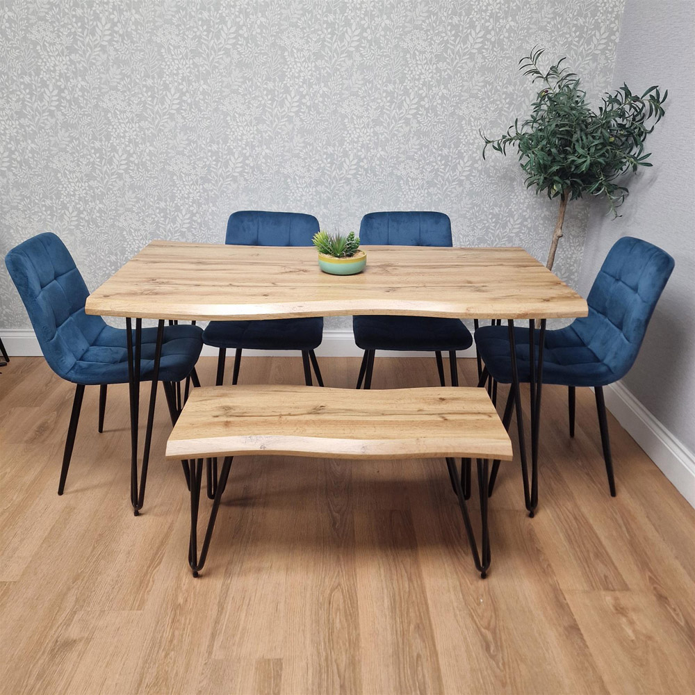 Kosy Koala 4 Seater Tufted Velvet Wooden Dining Set with Bench Blue and Brown Image 4