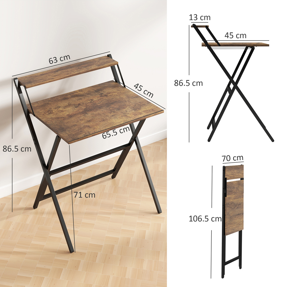 HOMCOM 2 Shelf Foldable Computer Desk Rustic Brown Image 9