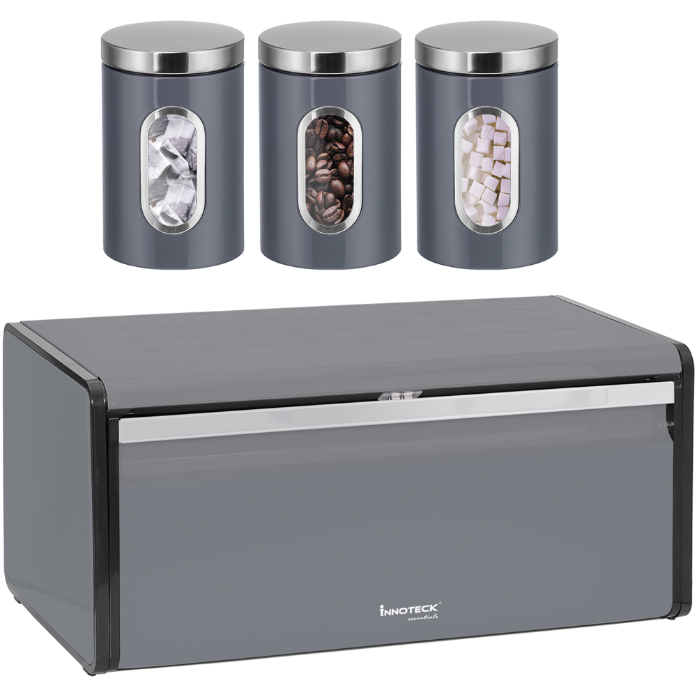 Innoteck Essentials Grey Bread Bin with 3 Piece Canister Set Image 1