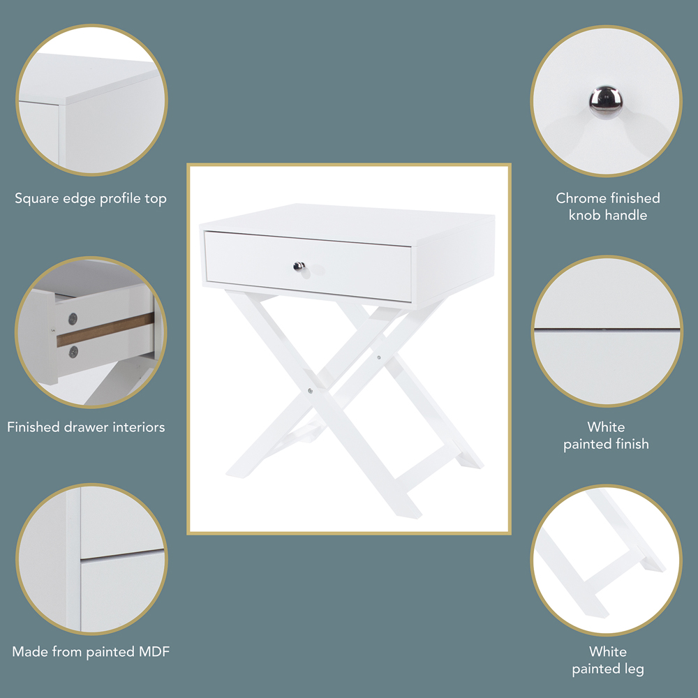 Leighton Single Drawer White X Legs Bedside Table Image 6