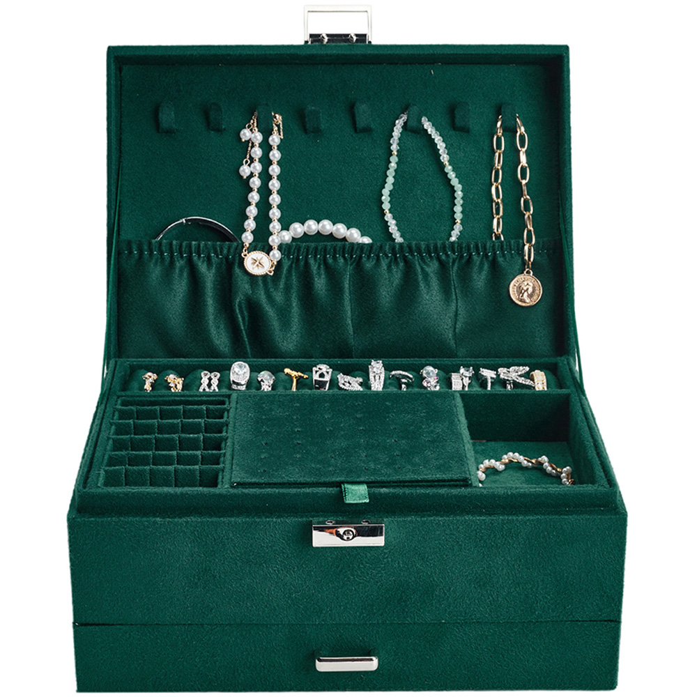 Living and Home 3 Tier Dark Green Velvet Jewellery Case with Lock Image 3