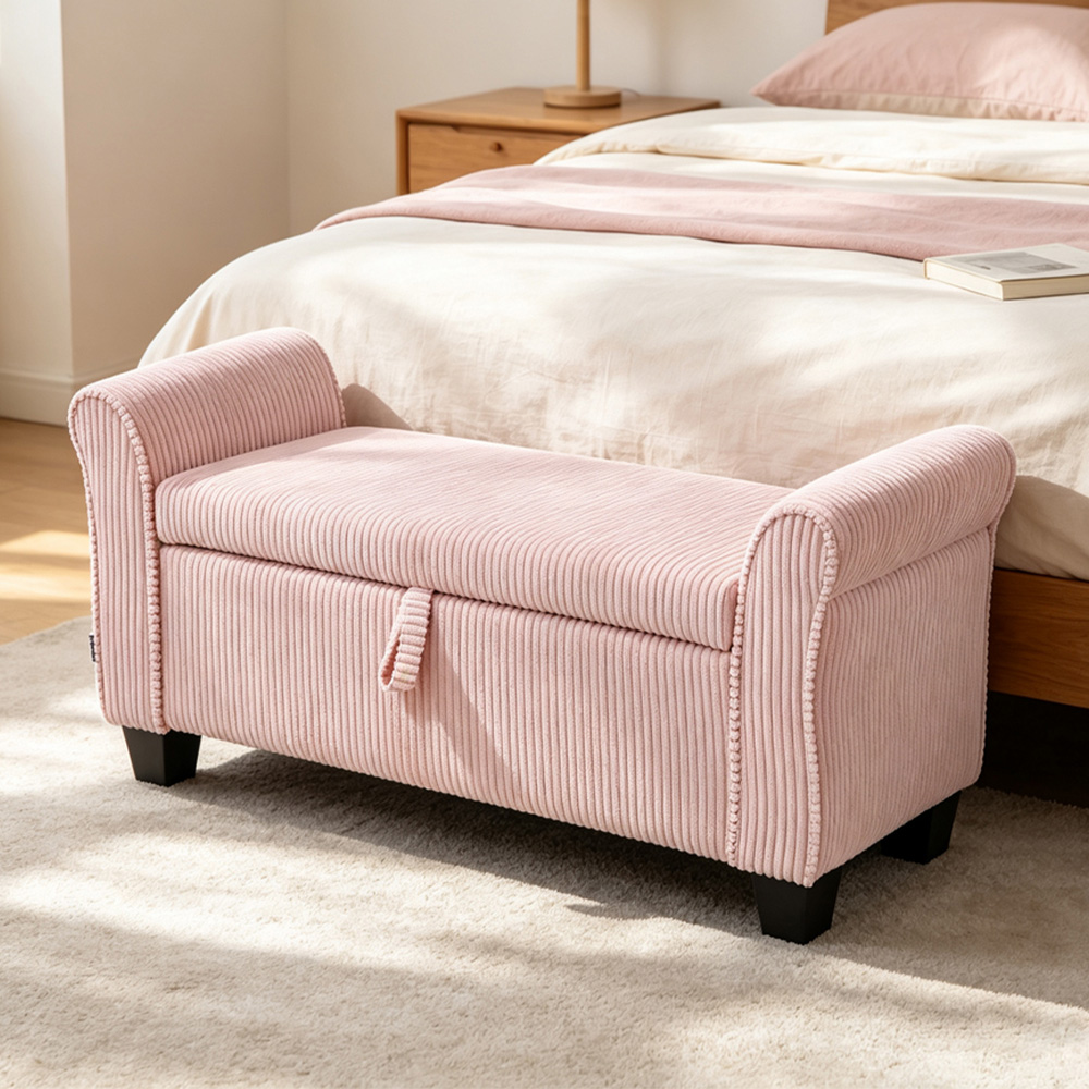 Living and Home Pink Corduroy Storage Bench with Lift-Up Lid Image 1