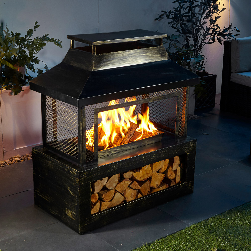 Neo Black Outdoor Fire Pit Log Burner with Mesh Surround and Storage Image 2