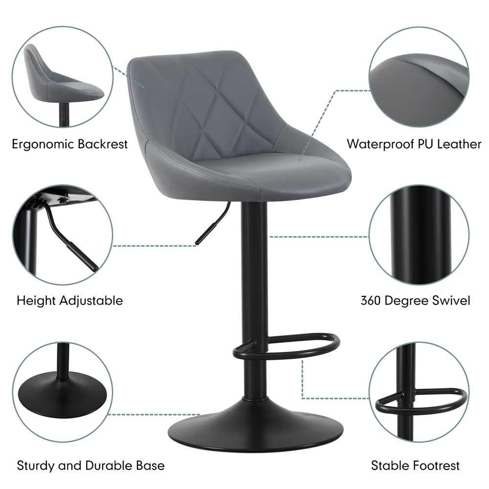 wilko Stanley Grey Height Adjustable Kitchen Bar Stool with Footrest Set of 2 Image 3