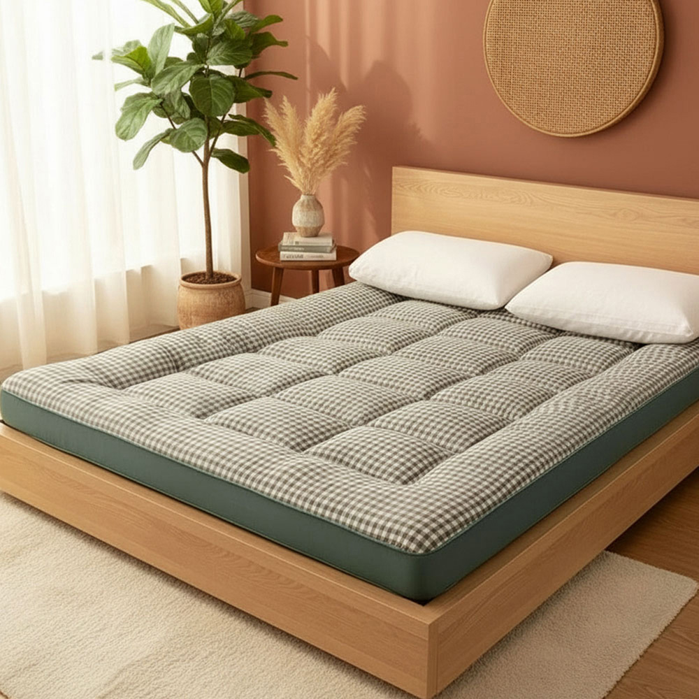 Living and Home King Size Green Plaid Quilted Mattress Topper Image 2