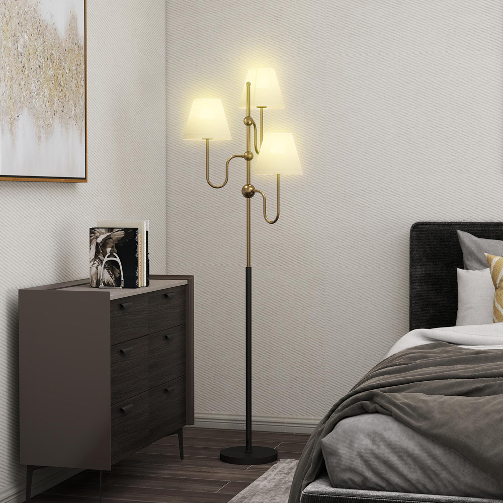 HOMCOM 3 Light Linen Shade Gold Metal Floor Lamp with Foot Switch Image 2