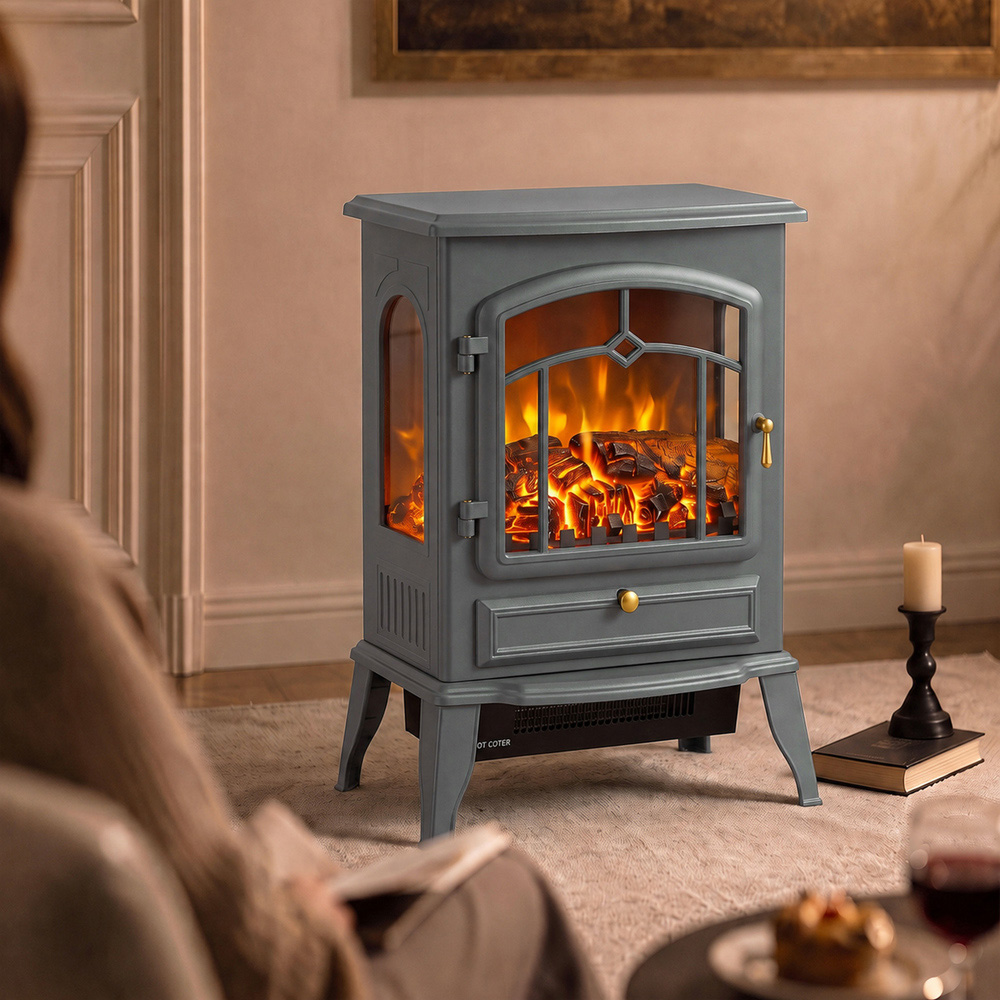 HOMCOM 3-Sided Grey Electric Fireplace Stove with Realistic Log Flame Effect Image 3