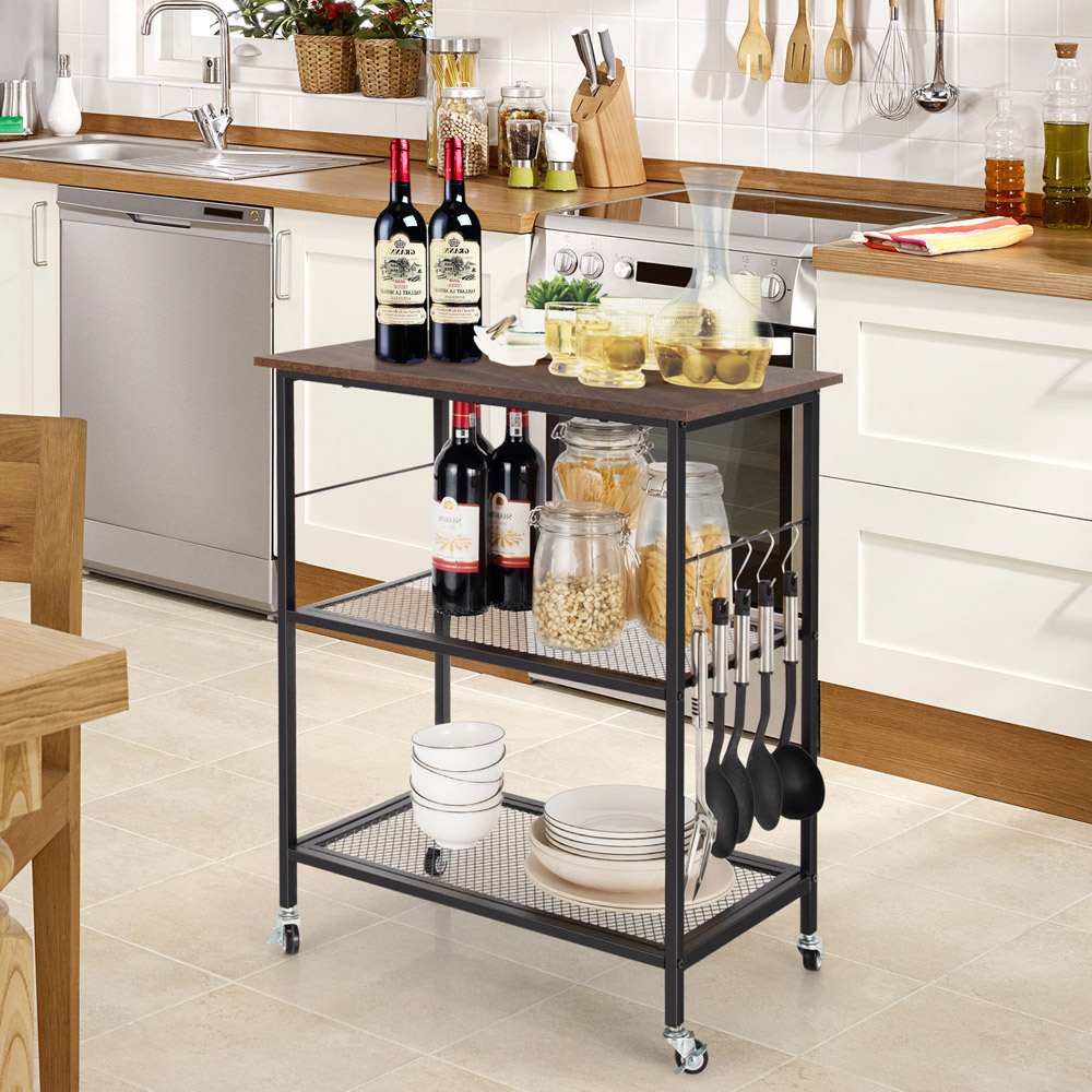 Costway 2 Shelf Coffee Kitchen Trolley with Hooks Image 2