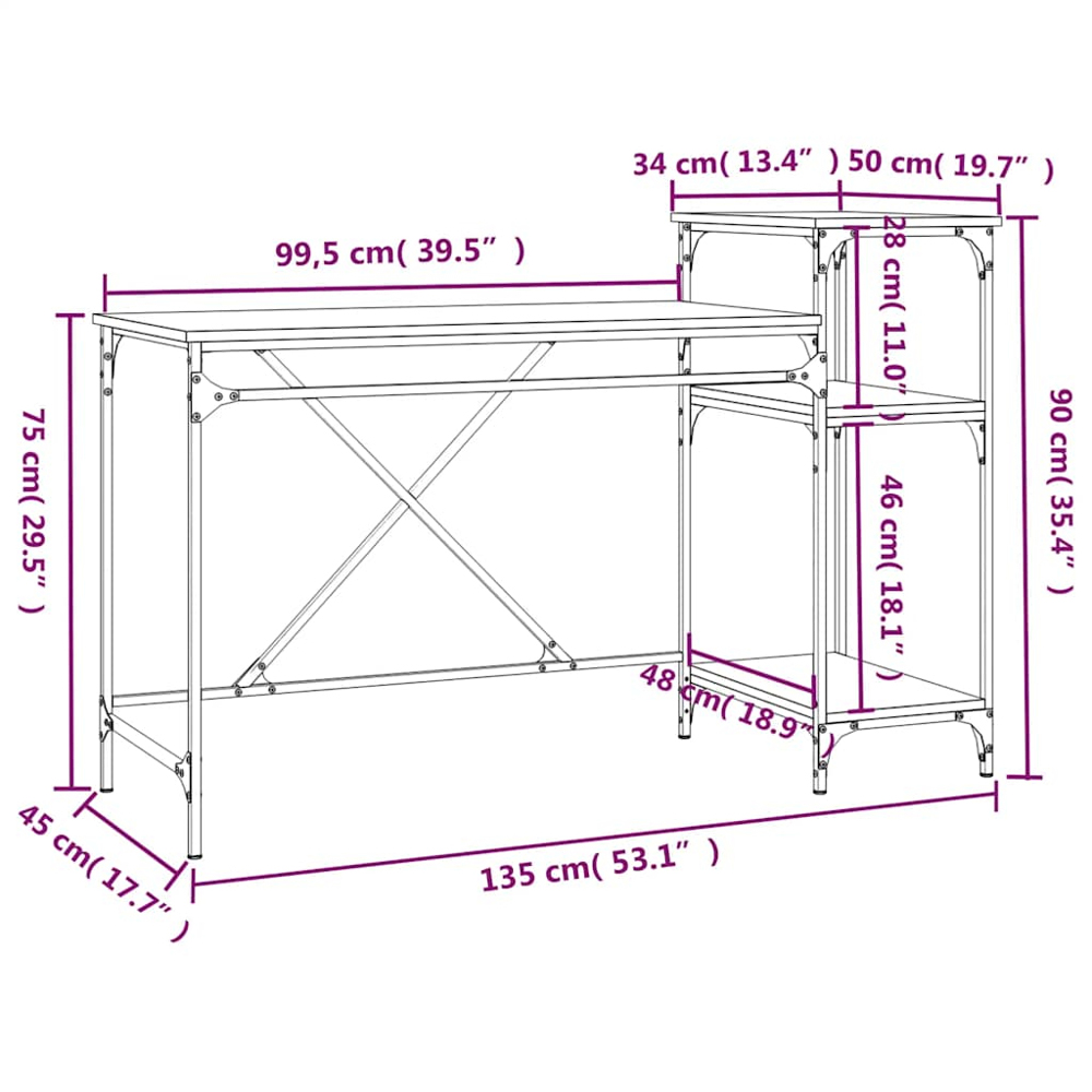 vidaXL 3 Shelf Industrial Style Computer Desk Sonoma Oak Image 9